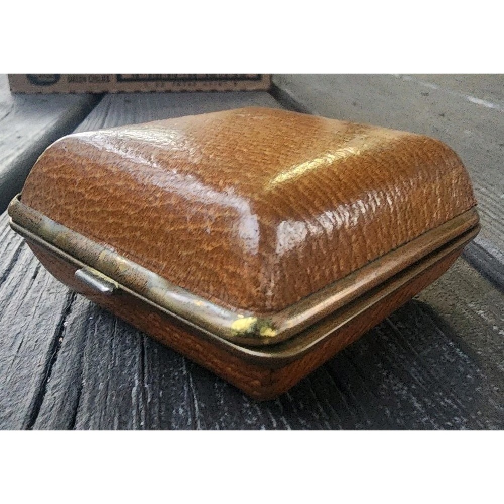 Vintage Germany Leather & Brass Jewelry Watch Presentation Compact Box Rare